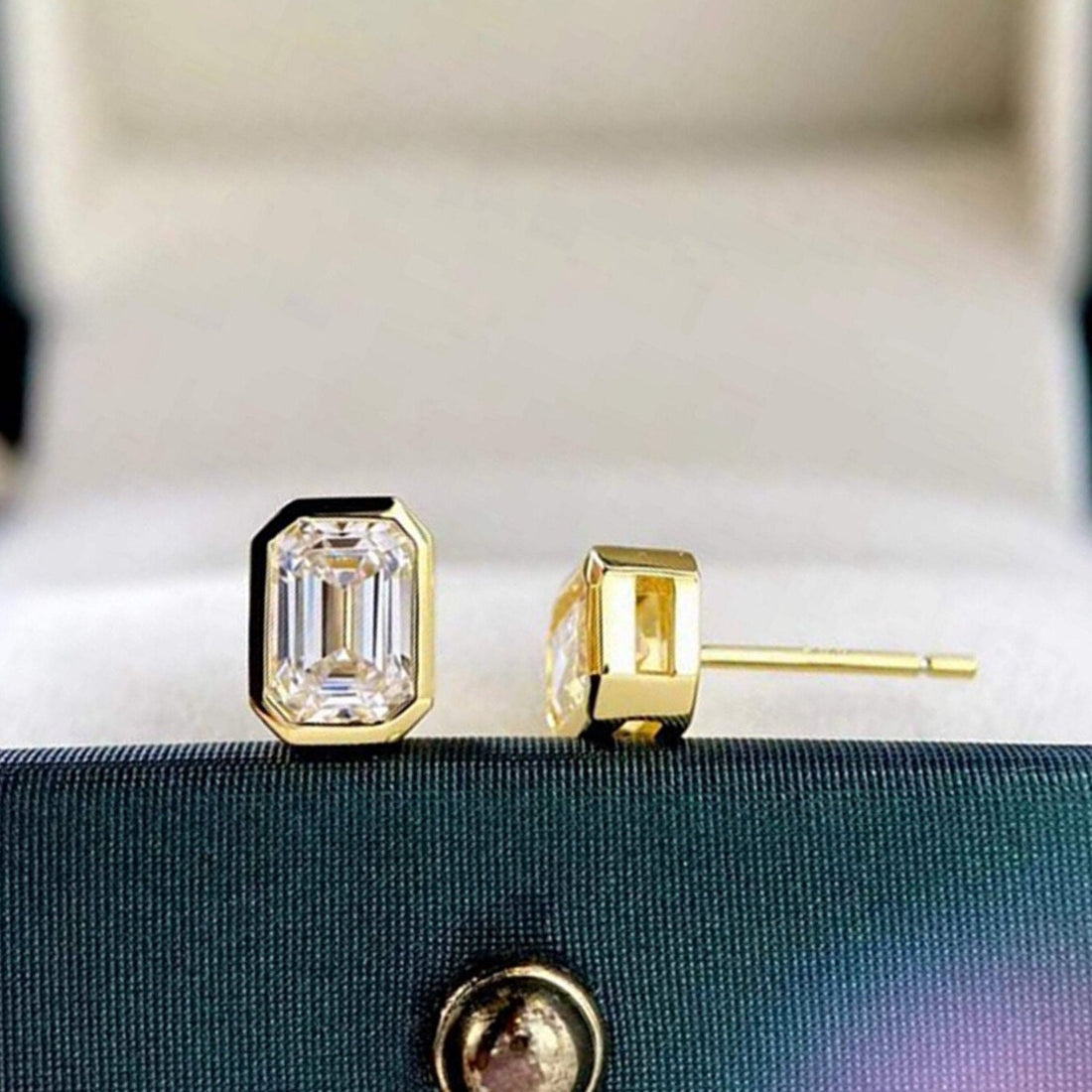 Bezel Emerald Cut Moissanite Engagement Earrings Studs/1ct+1ct Classic 14K/18K Yellow Gold Handmade Minimalist Moissanite Vintage Earring