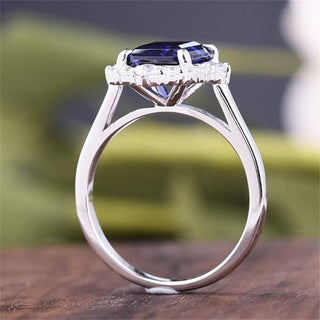 3CT Sapphire Emerald Cut Engagement Ring Set/14K/18K White Gold Moissanite Halo Promise Wedding Ring Handmade Halo Ring/Anniversary Gift