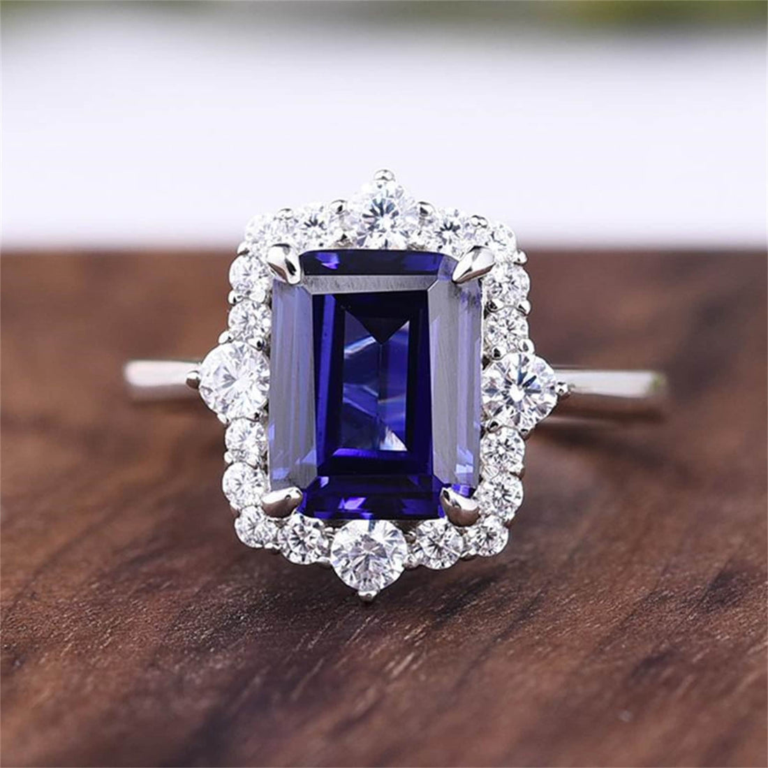 3CT Sapphire Emerald Cut Engagement Ring Set/14K/18K White Gold Moissanite Halo Promise Wedding Ring Handmade Halo Ring/Anniversary Gift