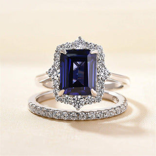 3CT Sapphire Emerald Cut Engagement Ring Set/14K/18K White Gold Moissanite Halo Promise Wedding Ring Handmade Halo Ring/Anniversary Gift