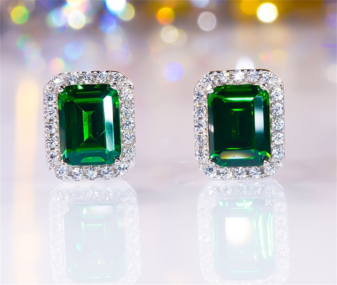 Emerald  Halo Earrings Studs/1.5ct+1.5ct Classic 14K/18K White Gold Moissanite Engagement Handmade Minimalist Moissanite Vintage Earring