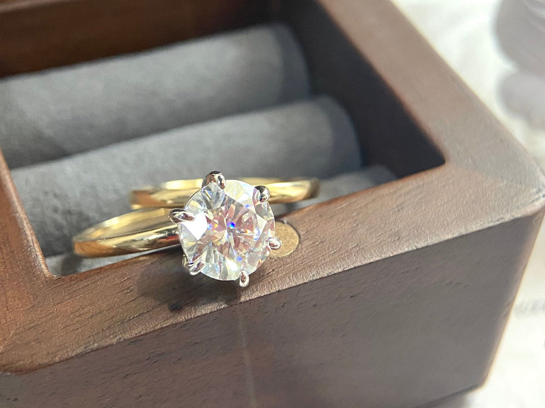 Two Tone Gold 3ct Round Cut Moissanite Ring Set/Gold Bridal Ring/Colorless Moissanite Bridal Ring For Women/Made to Order Ring