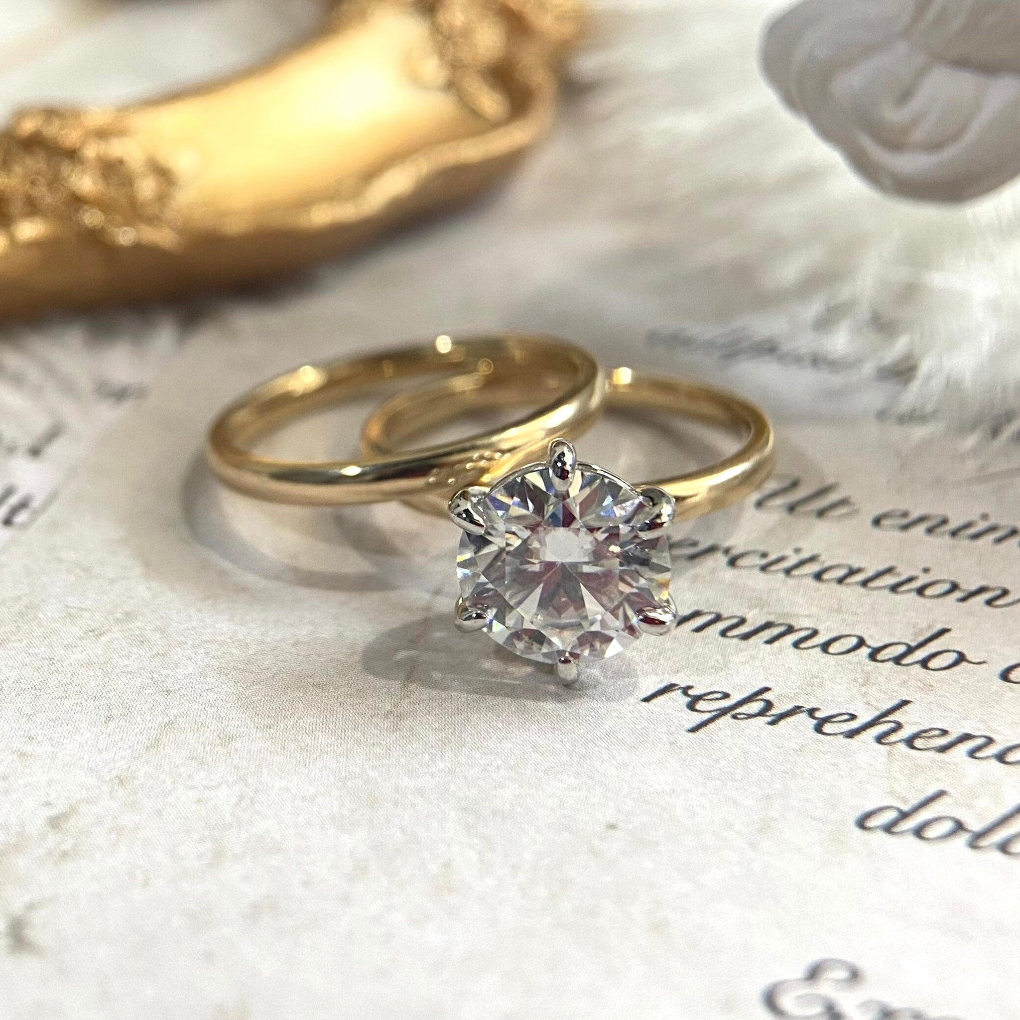 Two Tone Gold 3ct Round Cut Moissanite Ring Set/Gold Bridal Ring/Colorless Moissanite Bridal Ring For Women/Made to Order Ring