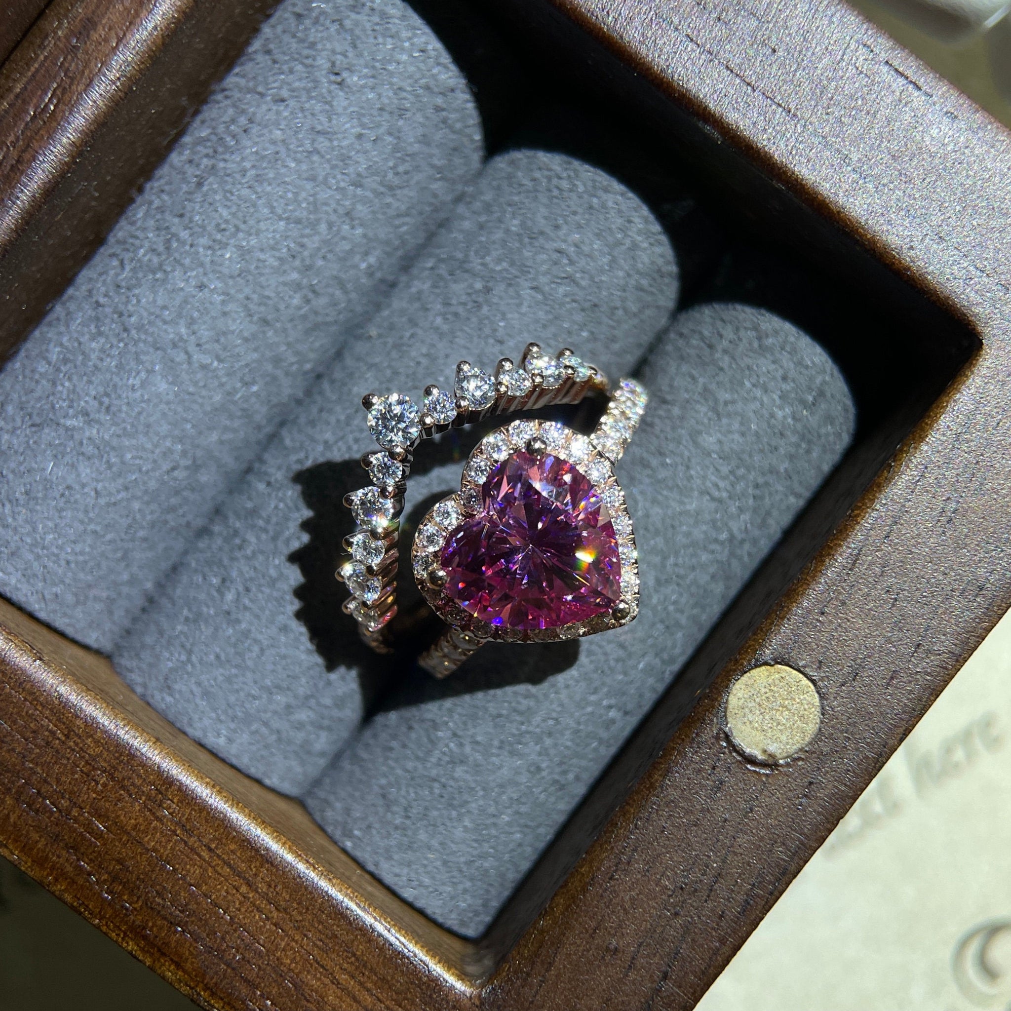 3ct Pink Heart Cut Halo Pave Moissanite Engagement Ring Set/14K Rose Gold Pave Promise Ring Halo Ring/Anniversary Gift/Vintage Jewelry