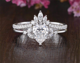 1.25ct Pear Moissanite Marquise Pave Engagement Ring/14K White Gold Unique Wedding Set/Moissanite Bridal Set/Ring for Women/Anniversary Gift