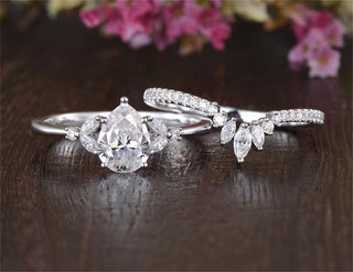 1.25ct Pear Moissanite Marquise Pave Engagement Ring/14K White Gold Unique Wedding Set/Moissanite Bridal Set/Ring for Women/Anniversary Gift