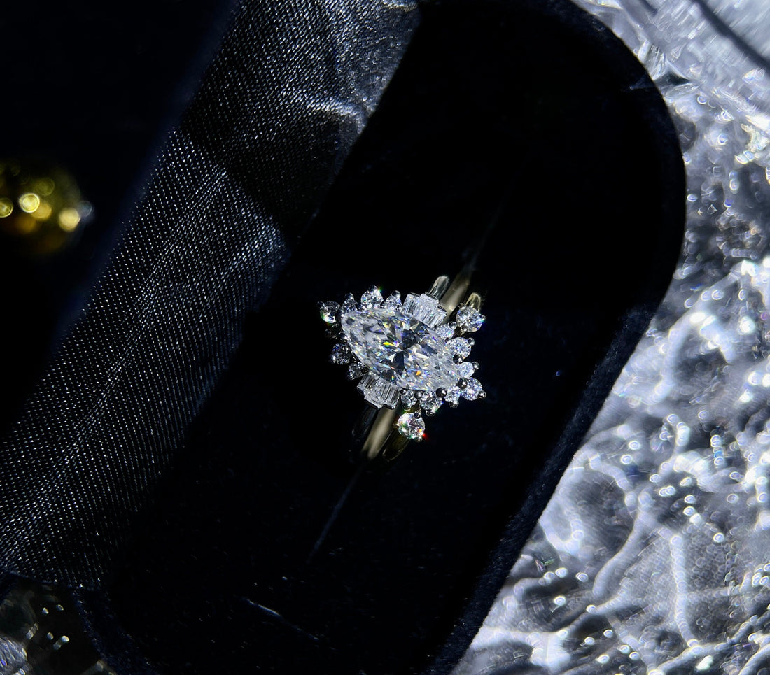 9K/14K/18K Solid Gold Marquise Cut Moissanite Baguette Halo Ring Set, Round Moissanite Open Ring Wedding Band, Unique Ring Set