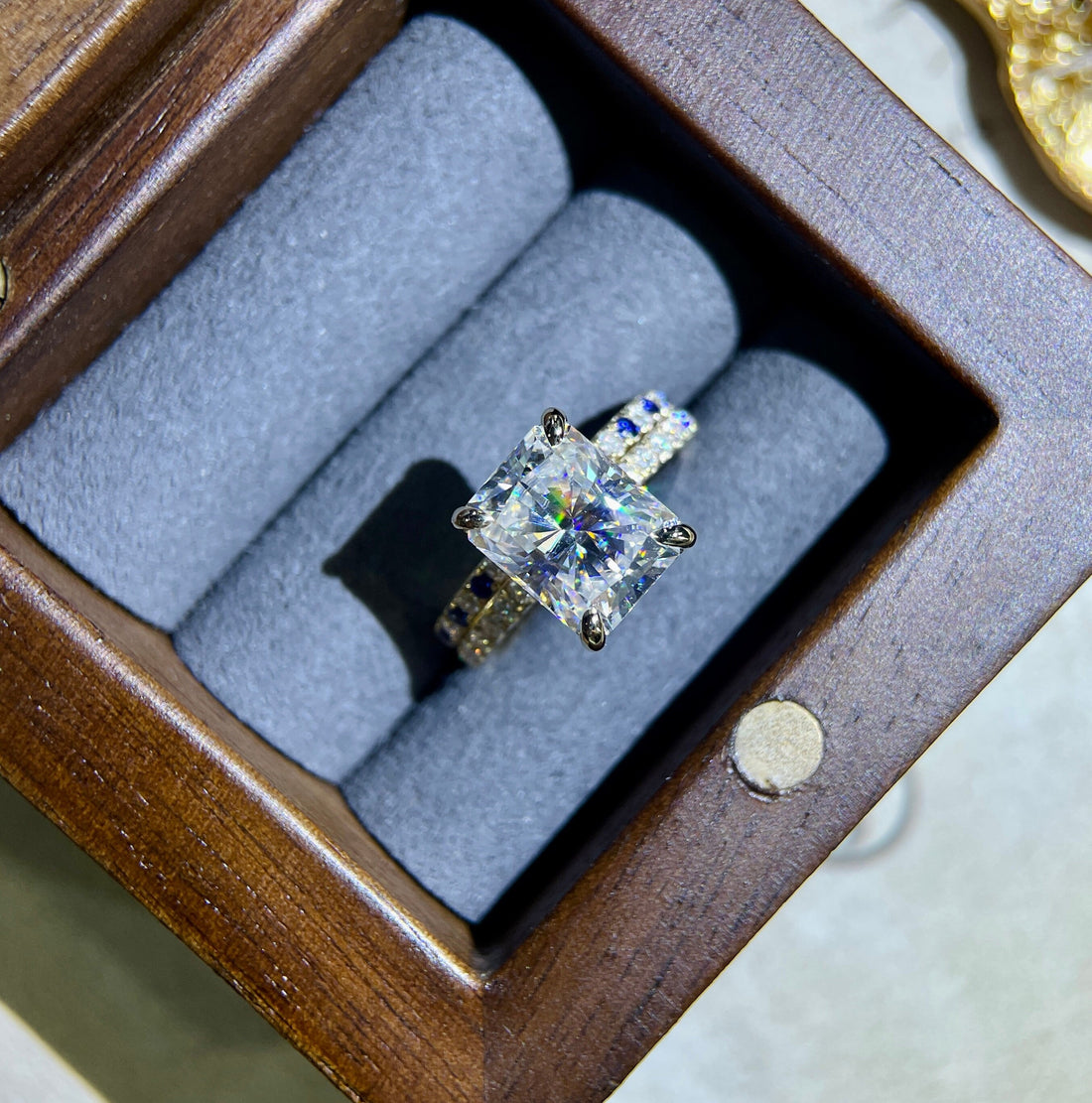 4CT Radiant Cut Pave Hidden Halo Moissanite Engagement Ring Set/14K Solid Gold Promise Ring Handmade Ring for Women/Sapphire Wedding Band
