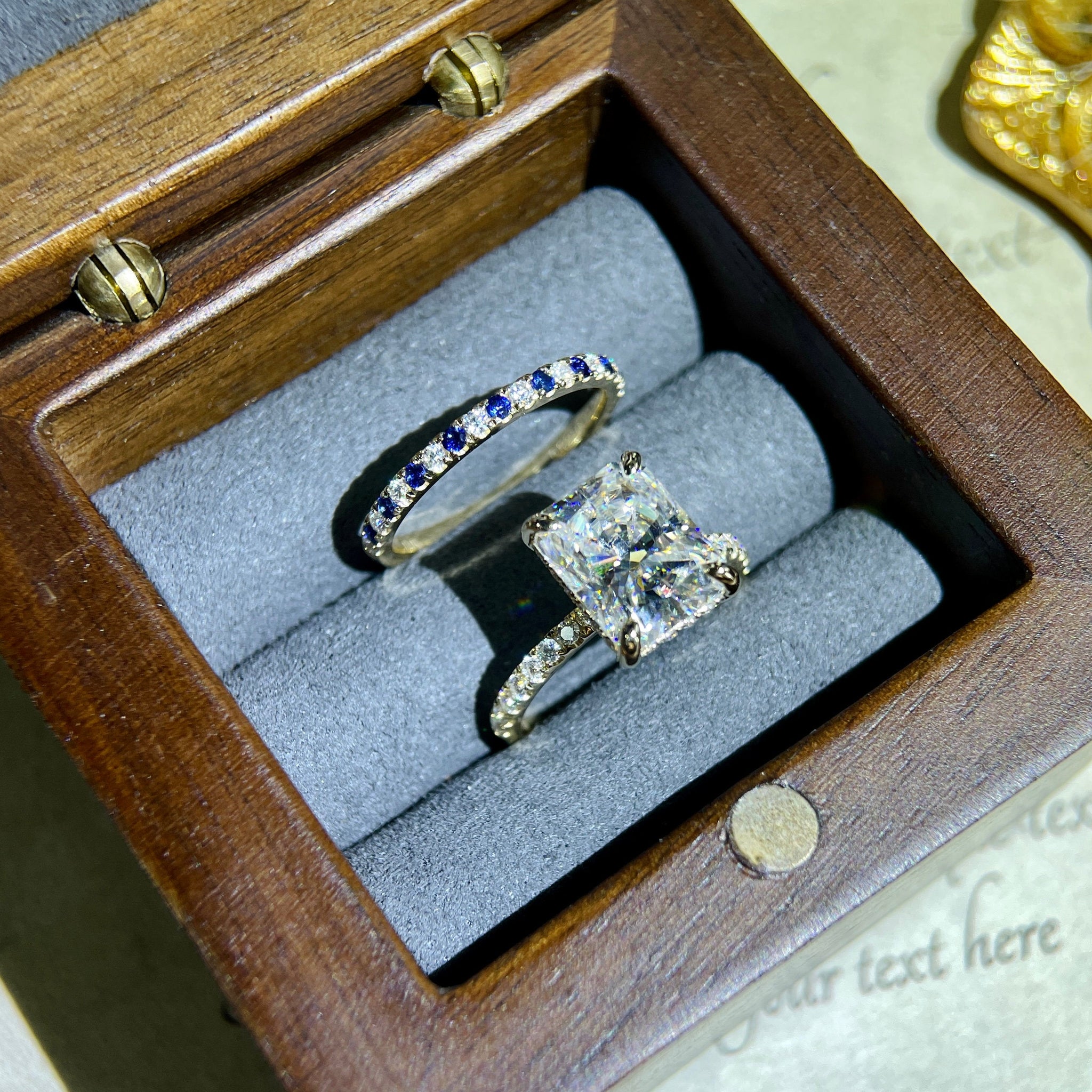 4CT Radiant Cut Pave Hidden Halo Moissanite Engagement Ring Set/14K Solid Gold Promise Ring Handmade Ring for Women/Sapphire Wedding Band