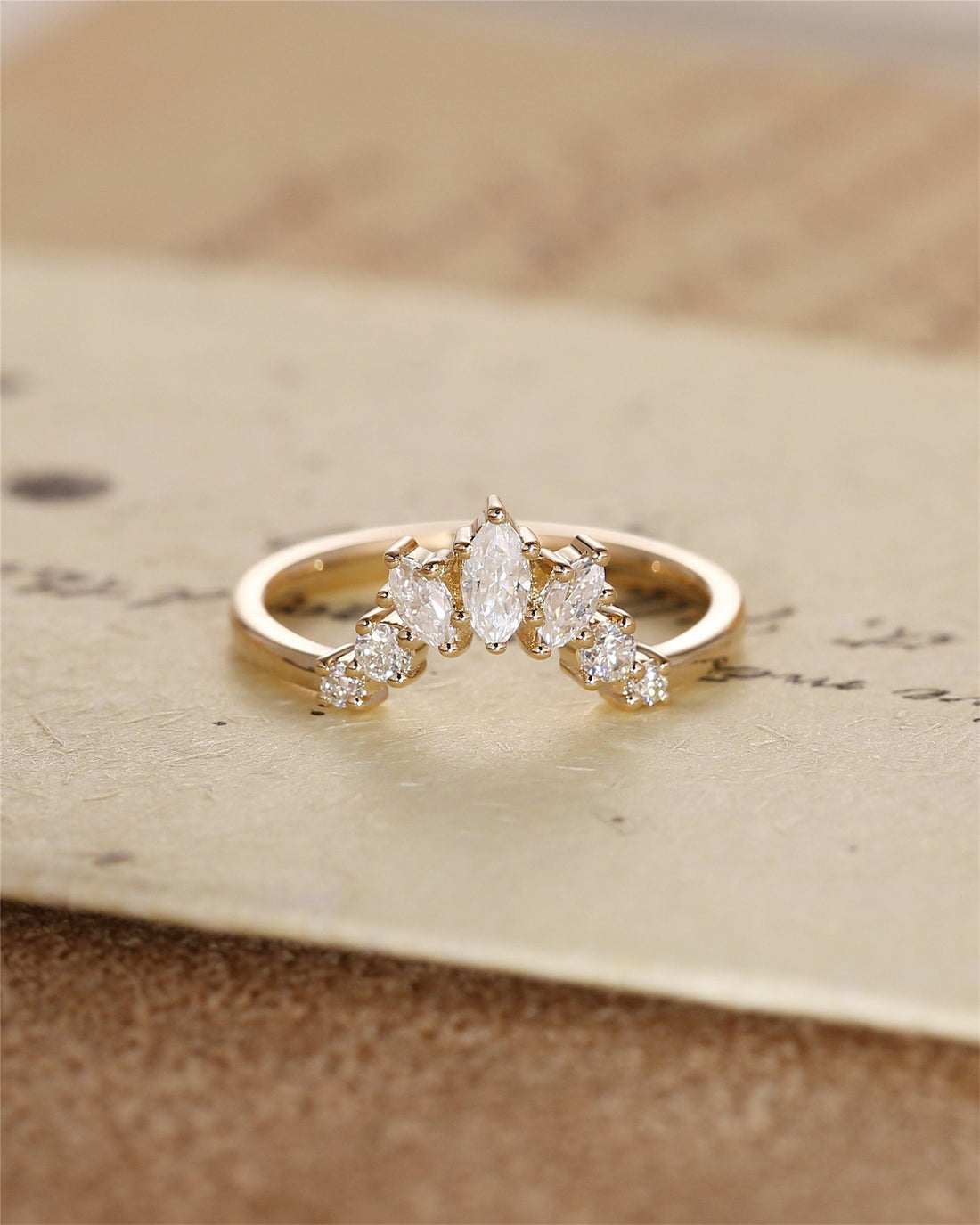 Curved Moissanite Wedding Band Vintage Marquise & Round Wedding Ring