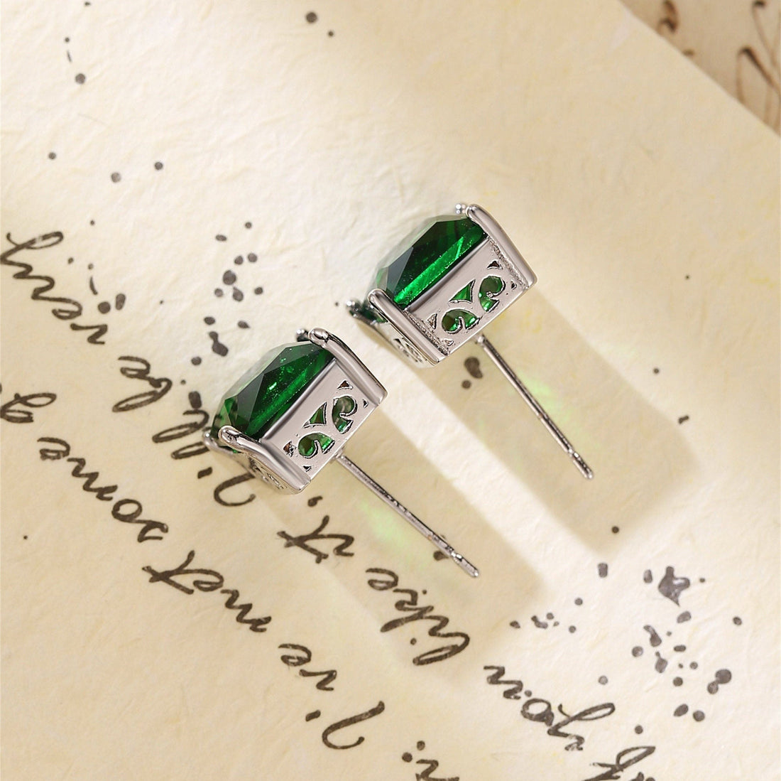 Square/Princess Cut Emerald Stud Earrings, 9K, 14K, 18K Solid Gold, Emerald Earrings, Green Emerald Birthstone Earrings