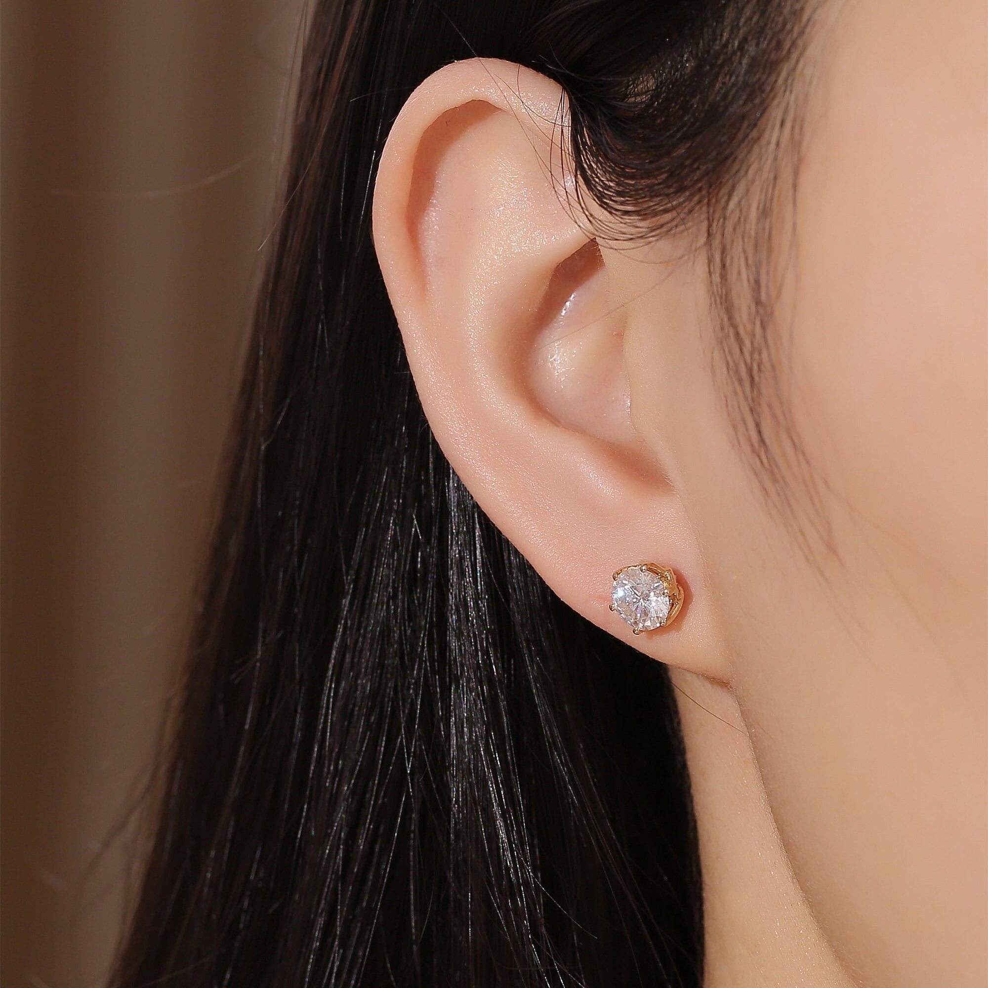Round Cut Moissanite Earrings Stud, Solid 14K Yellow Gold Moissanite Stud Flower Setting, 6 Prongs Round Earrings Studs, Gift for Woman Girl