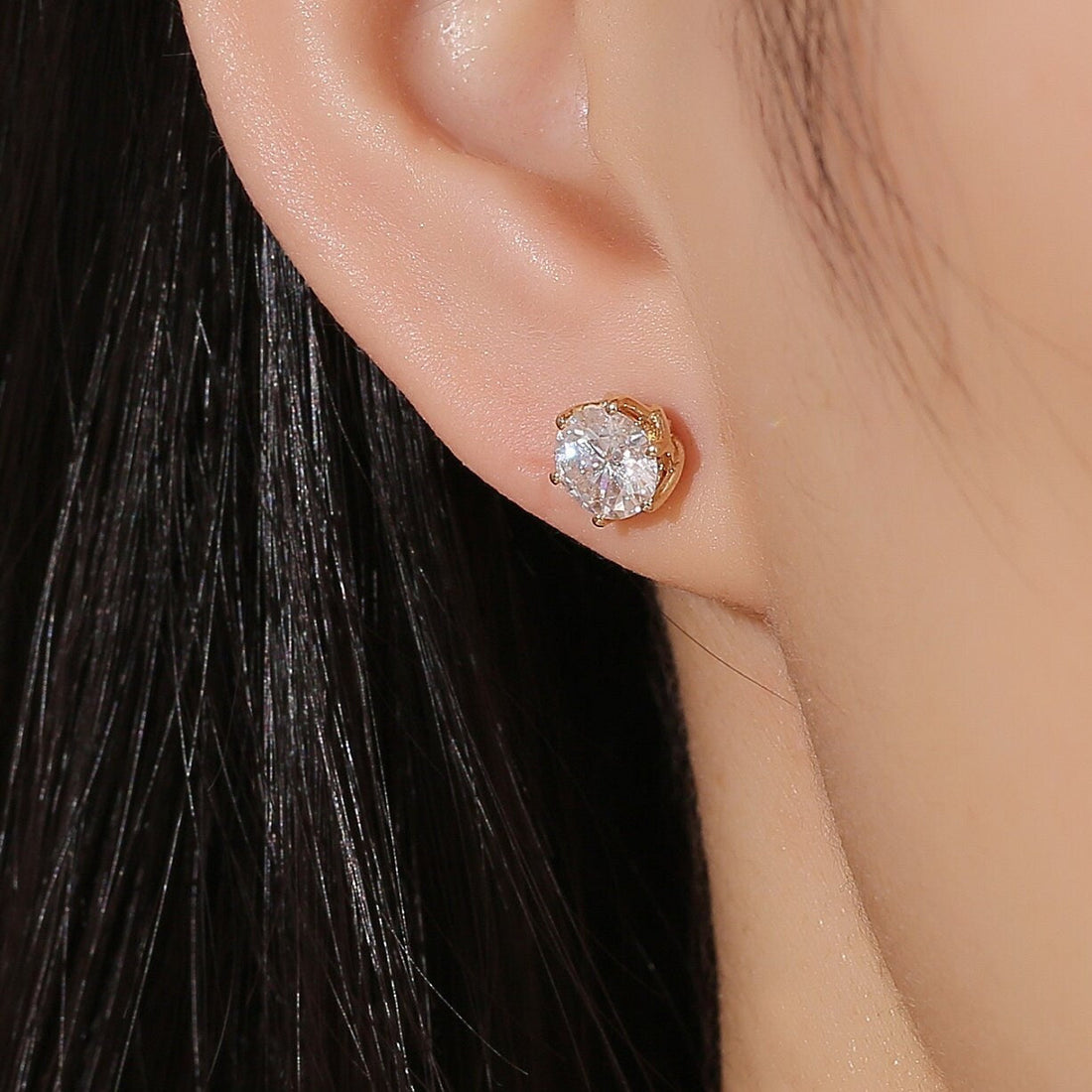 Round Cut Moissanite Earrings Stud, Solid 14K Yellow Gold Moissanite Stud Flower Setting, 6 Prongs Round Earrings Studs, Gift for Woman Girl