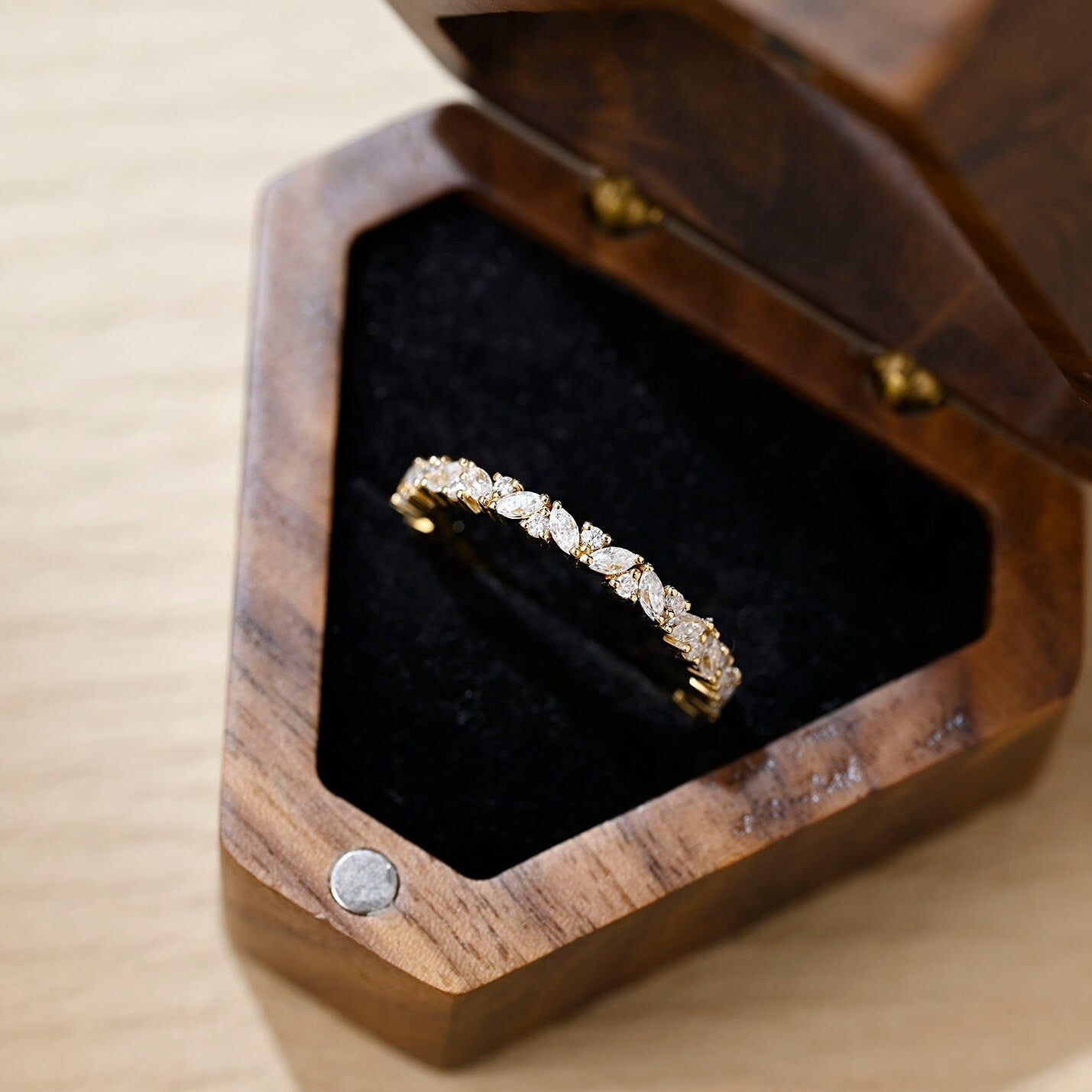 Solid Gold, Round & Marquise Cluster Moissanite Wedding Band for Women