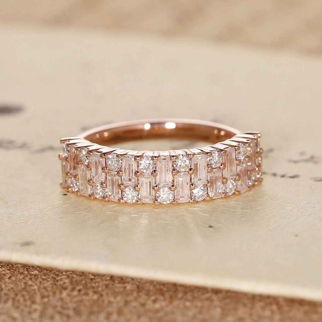 Solid Gold Staggered Baguette and Round Cut Moissanite Paved Wedding Band
