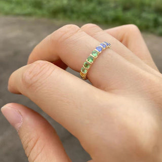 9K/14K/18K Solid Gold Dainty Natural Sapphire Tsavorite, Full Eternity Band Ring, Multi Gemstone Ring, Candy Color Rainbow Ring