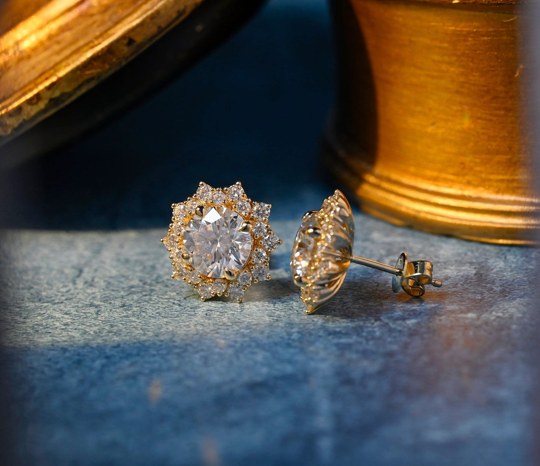 Round Cut Moissanite Snowflake Stud Earrings, 9K/14K/18K Solid Gold Round Shaped Moissanite Earring Anniversary Gift Birthday Gift for Women