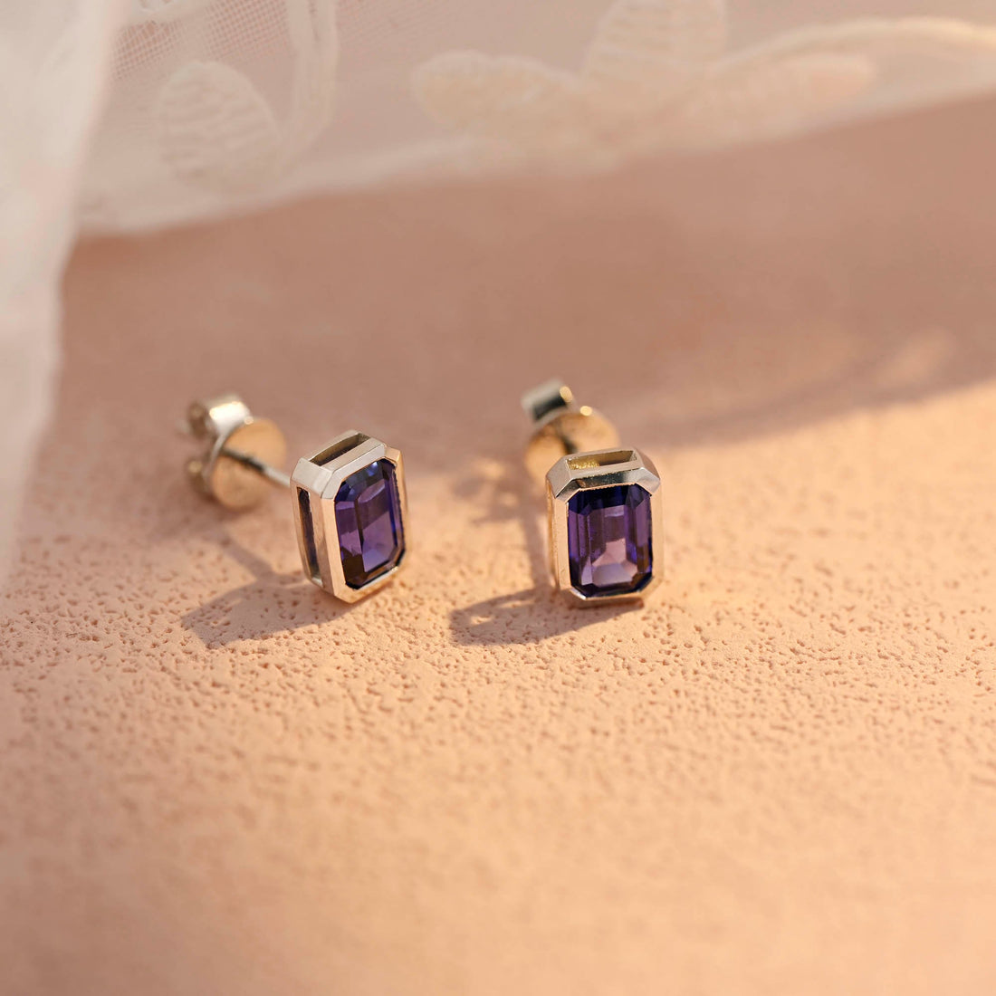 Ocean Blue Sapphire Bezel Emerald Cut Earring Studs/Sapphire Earring/Push Back Studs/Minimalist  Earring Gold/ Anniversary Gift for woman