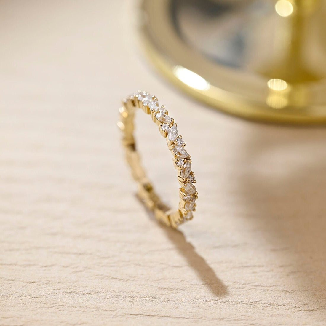 Solid Gold, Round & Marquise Cluster Moissanite Wedding Band for Women