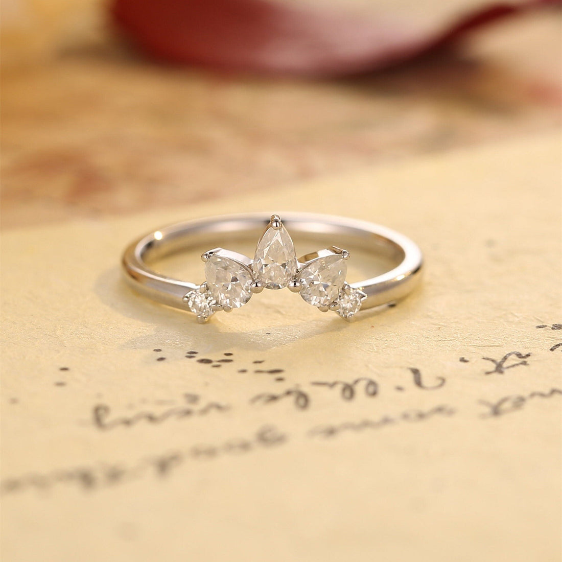 Pear cut Moissanite Curved Vintage Pear cut Pear Shaped Bridal Ring