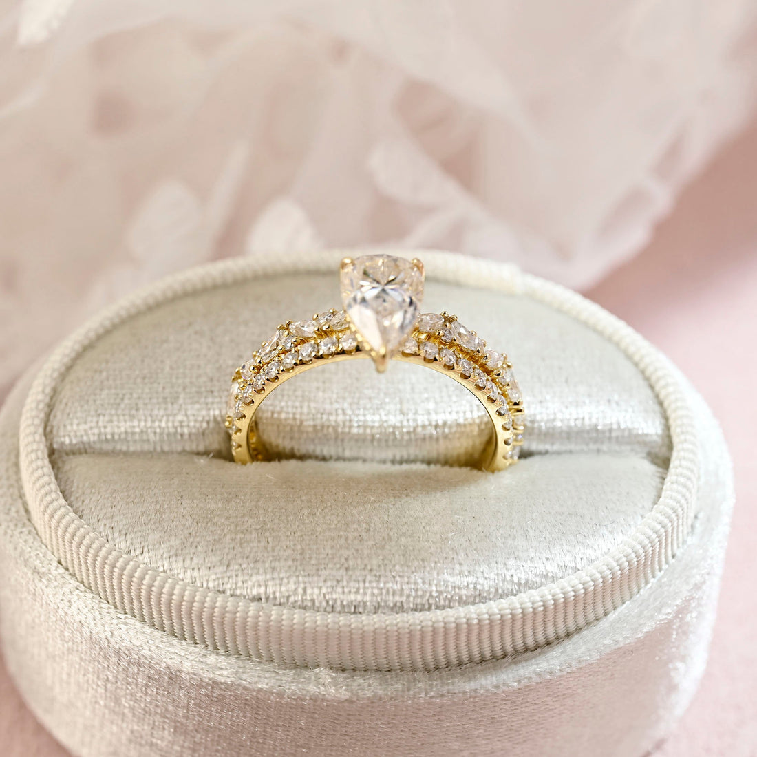 Pear Cut Moissanite Pave Hidden Halo Engagement Ring Set, Unique Wedding Ring Set, Moissanite Bridal Set, Promise Ring, Labor Day Gift