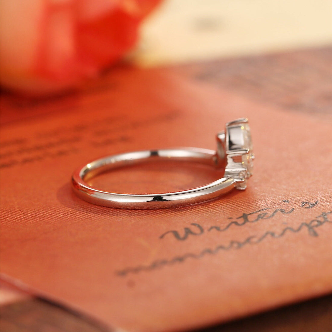 Curved Moissanite Pear Cut Round Unique Pear Shaped Bridal Stacking Promise Ring