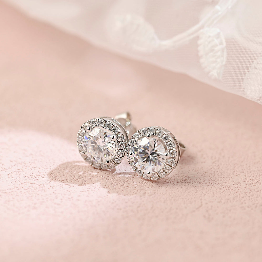 Halo Round Moissanite Earring Stud Push Back, Solid Gold Round Earrings, Round Wedding Earrings for Wife, Anniversary Gift for Women