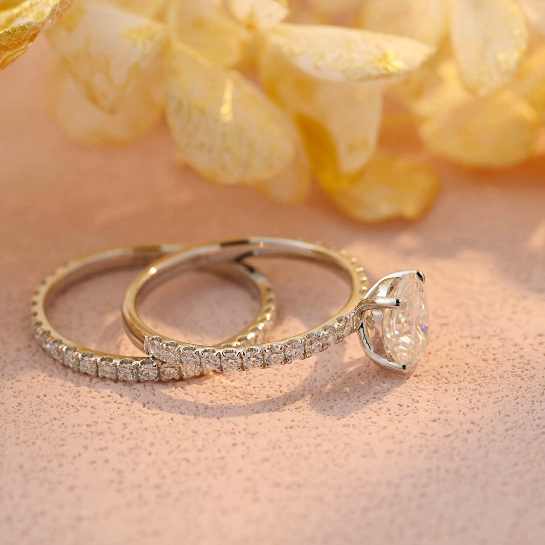 Oval Moissanite Engagement Ring Set, Moissanite Wedding Paved Bridal Set, 14K/18K Gold Oval Round Bridal Set, Half Eternity Wedding Band,