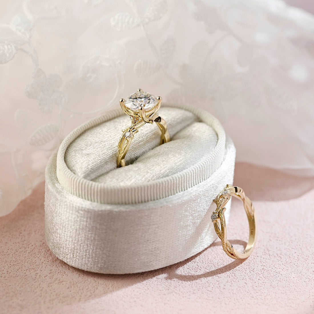 Round Cut Moissanite Engagement Ring Set, Unique Twig Engagement Bridal Set, Promise Ring Set, Anniversary Gift For Woman, Gold Ring Gift