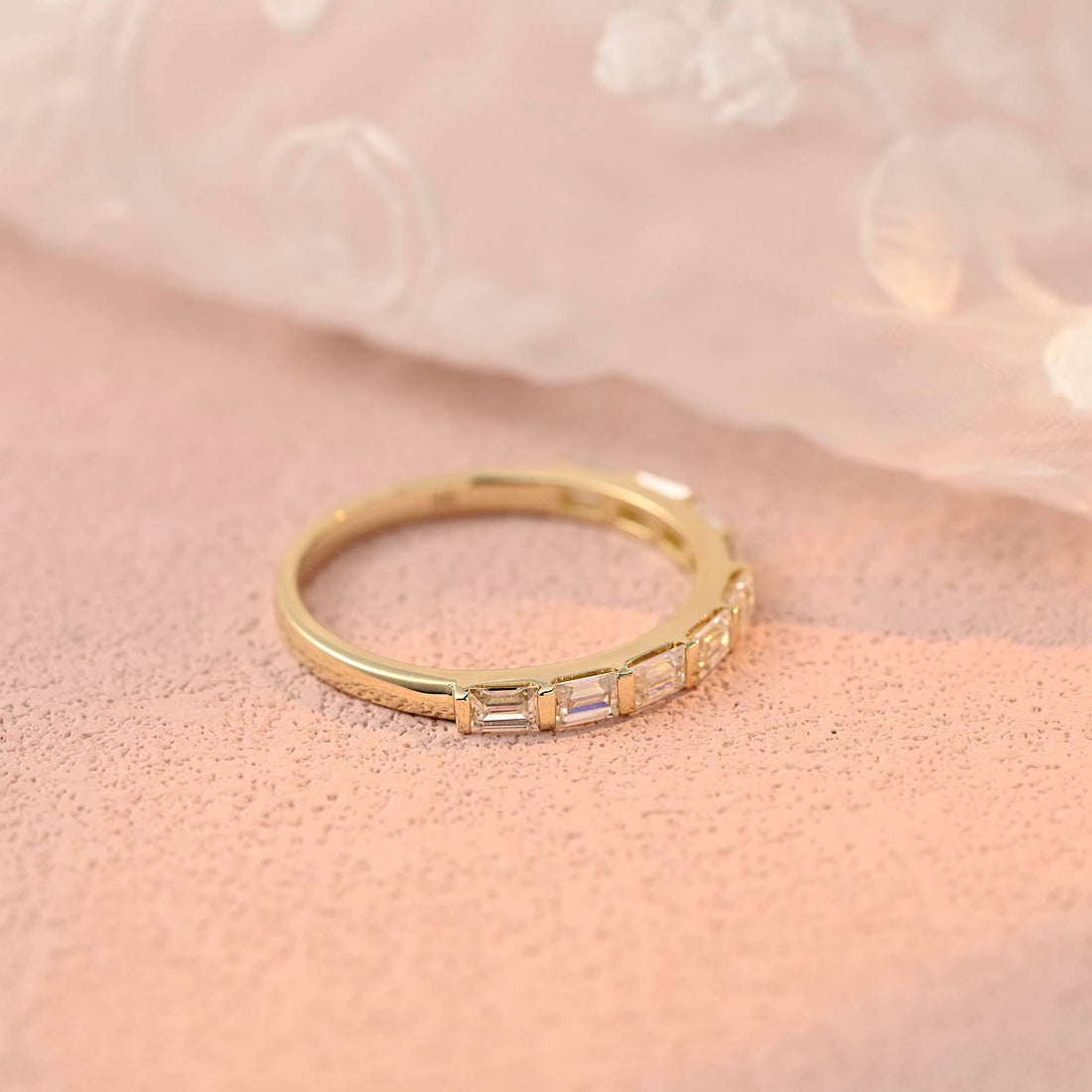 Solid Gold Baguette Moissanite Half Eternity Moissanite Stacking Band