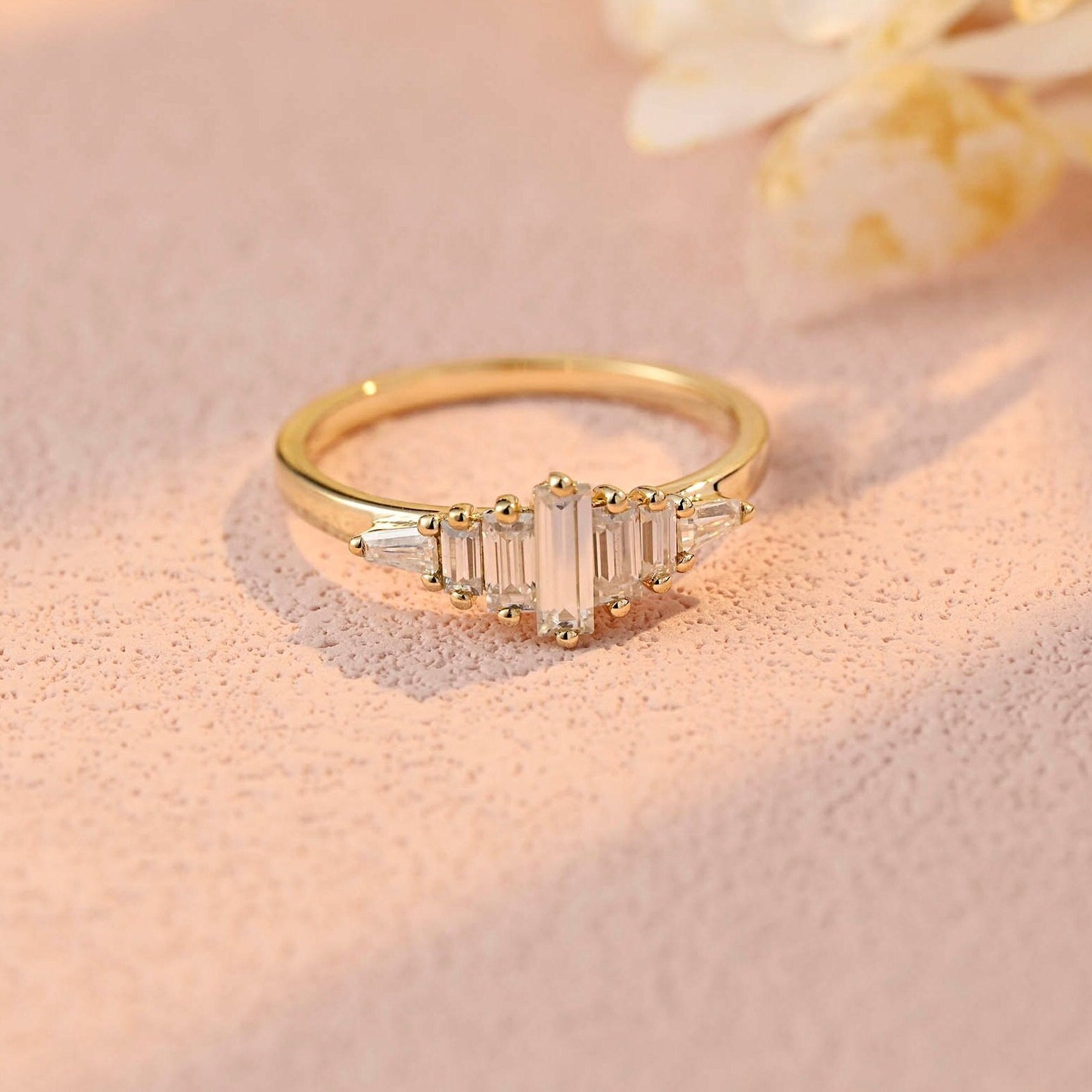 Solid Gold Baguette Cut Moissanite Baguette Trapezoid Wedding Ring