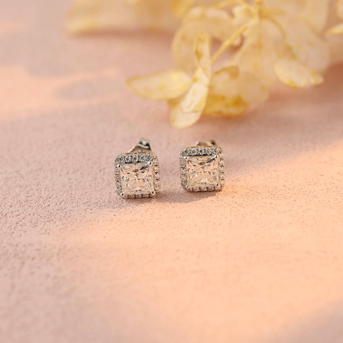 Princess Cut Moissanite Earring Studs Halo/Halo Wedding Earring Stud/Bridal Earring Studs Gold/Anniversary Gift Birthday Gift for Woman