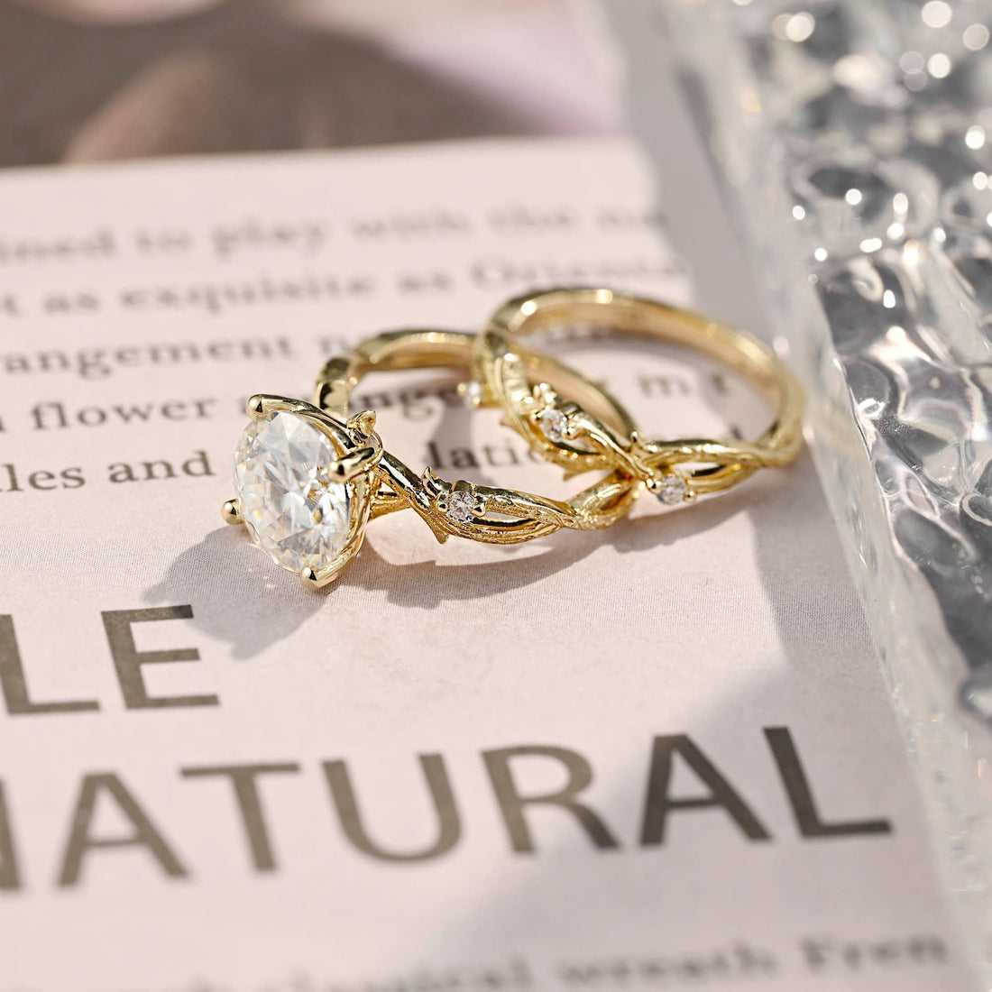 Round Cut Moissanite Engagement Bridal Set, 9K/14K/18K Solid Gold Twig Band Moissanite Promise Ring Set for Women, Anniversary Gift