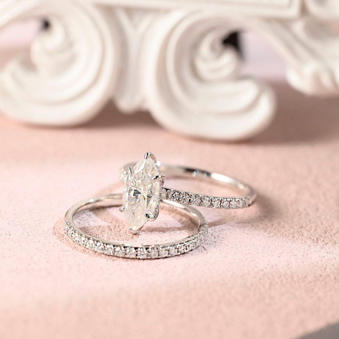 Marquise Moissanite Engagement Ring Set,Pave Hidden Halo Bridal Set, Wedding Ring Set, Round Bridal Set, 14K Gold Half Eternity Wedding Band