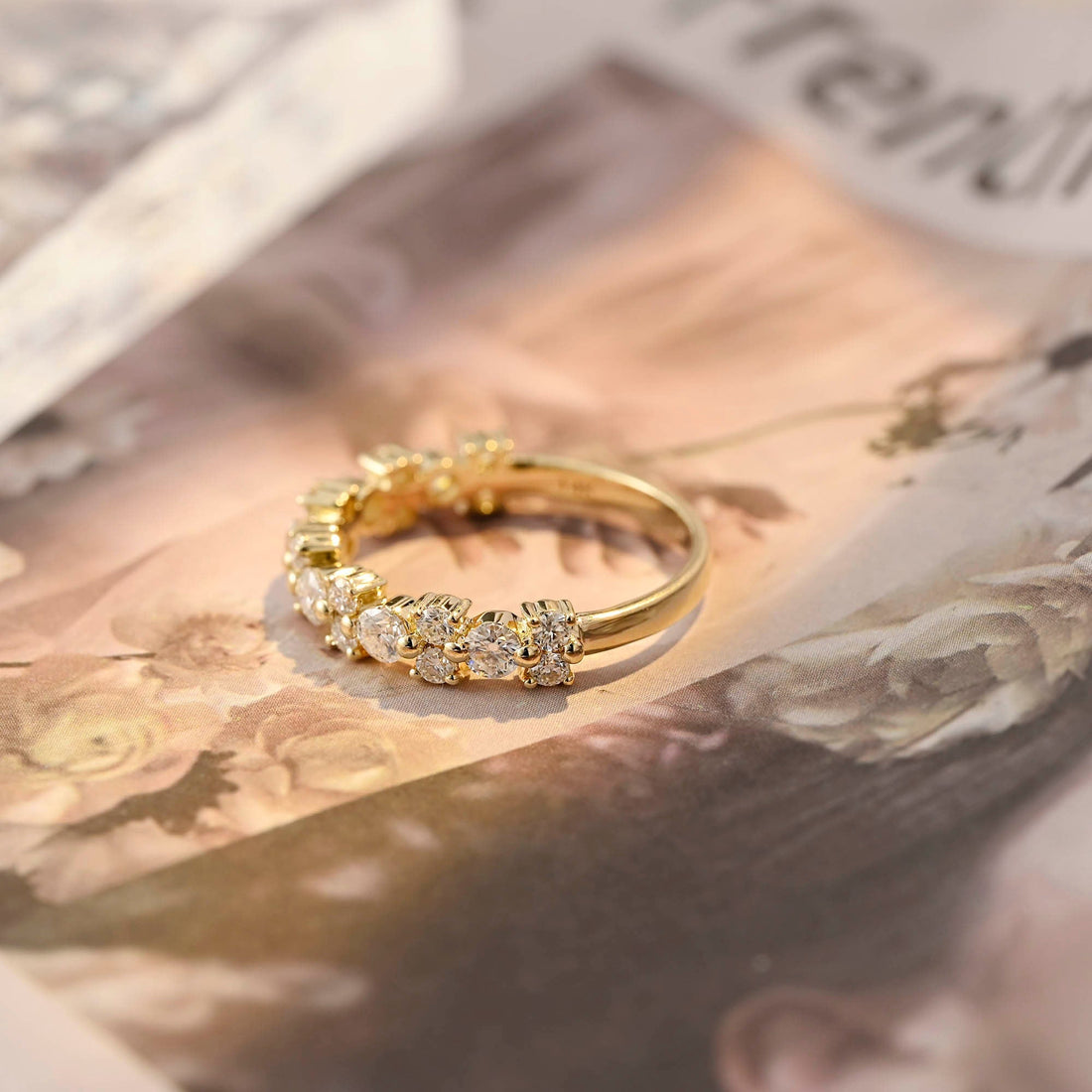 Staggered Round Cut Solid Gold Moissanite Bridal Band