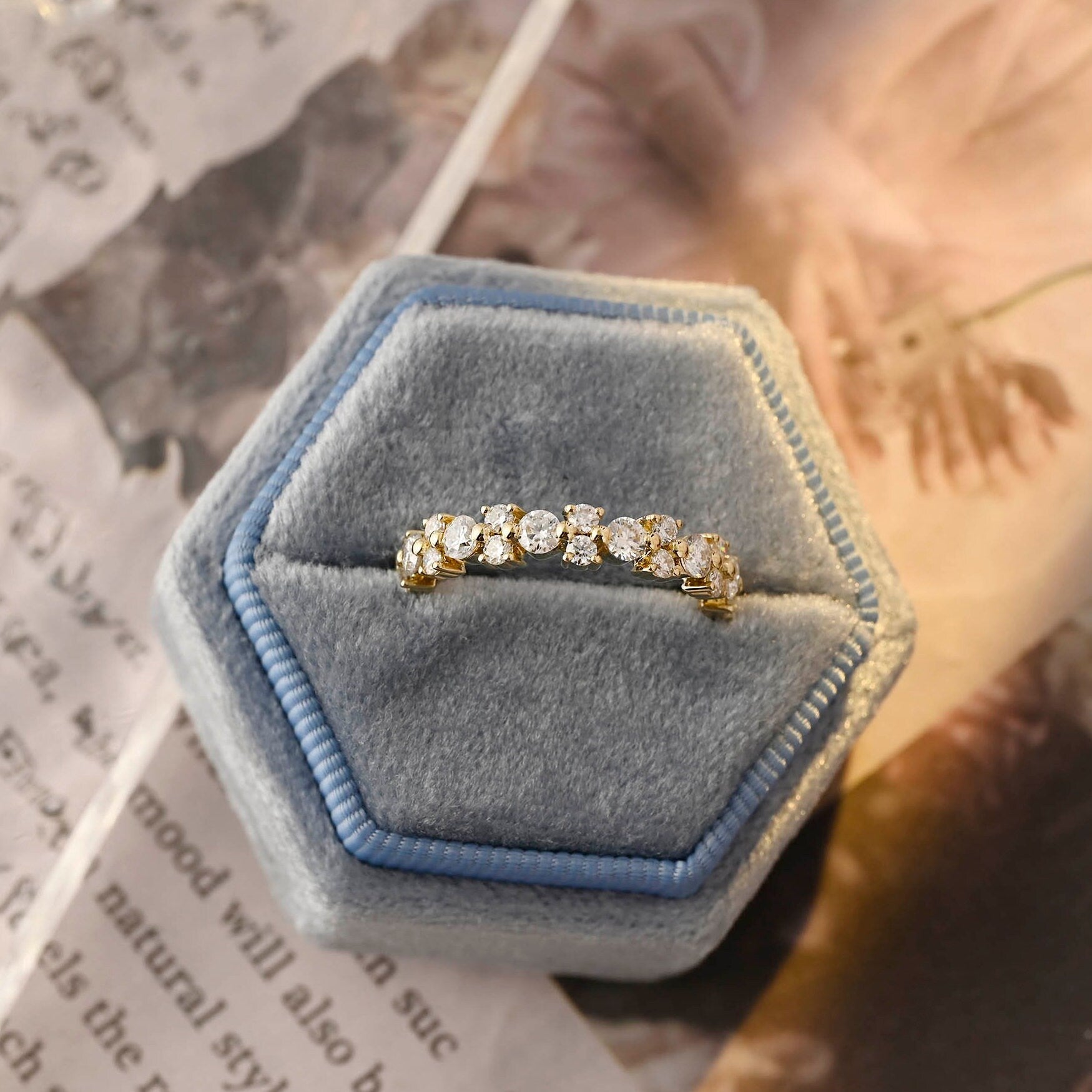 Staggered Round Cut Solid Gold Moissanite Bridal Band