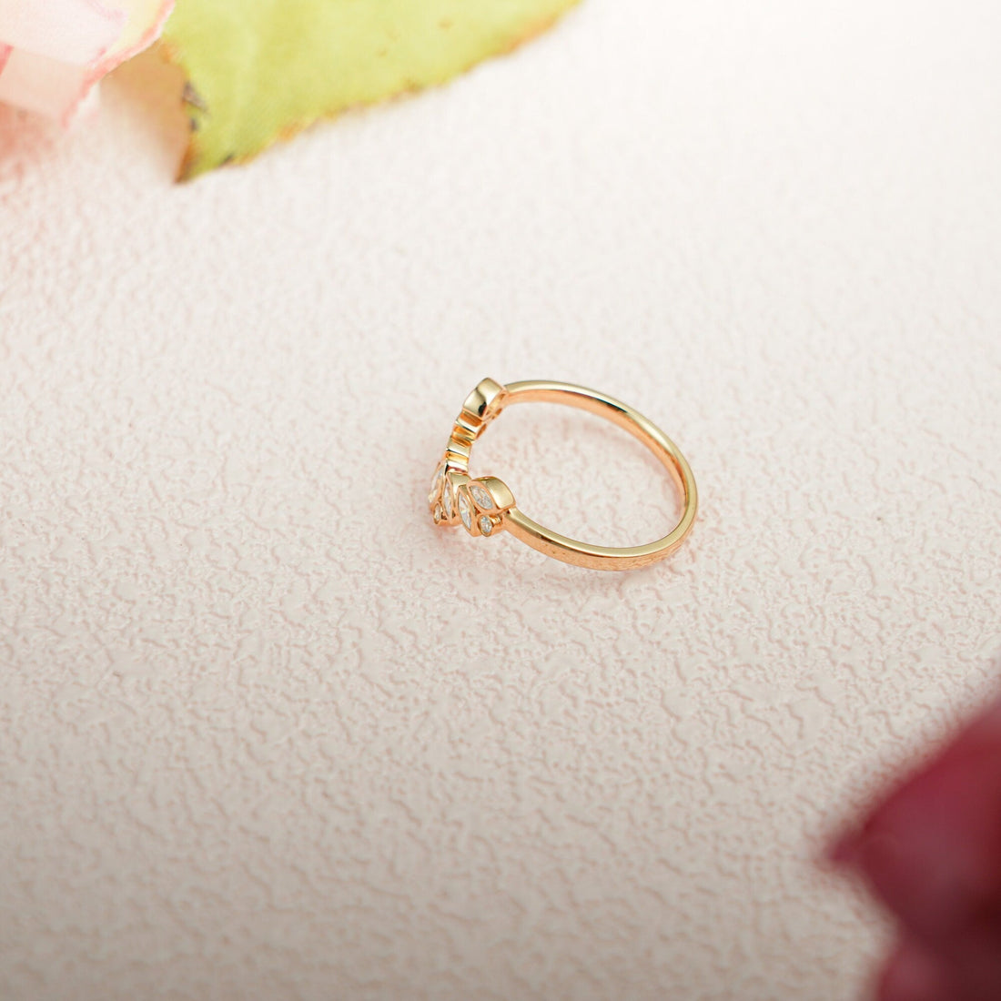 Solid Gold Marquise Round Cut Moissanite Curved Wedding Band