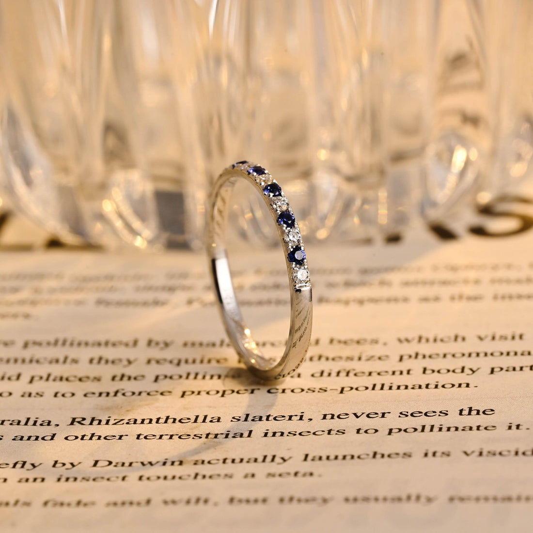 Alternating 2mm Round Cut Moissanite and Sapphire Paved Engagement Ring