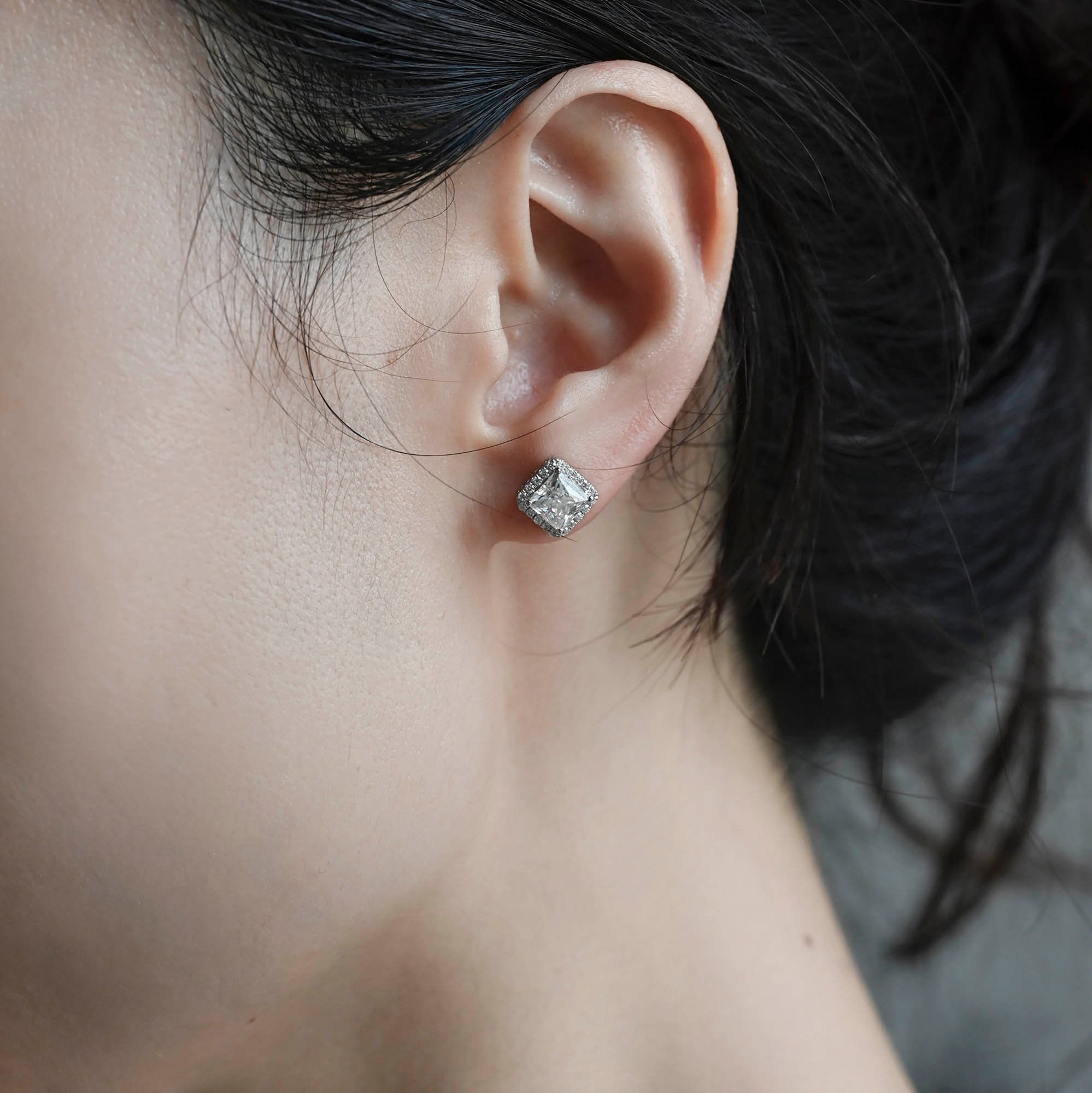 Princess Cut Moissanite Earring Studs Halo/Halo Wedding Earring Stud/Bridal Earring Studs Gold/Anniversary Gift Birthday Gift for Woman