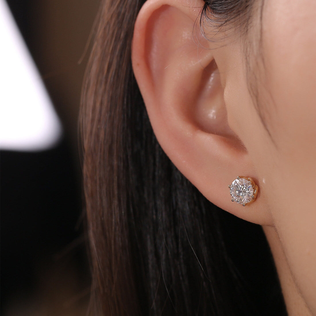 Round Cut Moissanite Earrings Stud, Real Solid Gold Moissanite Stud Flower Setting, 6 Prongs Round Earrings Studs, Birthday Gift for Woman
