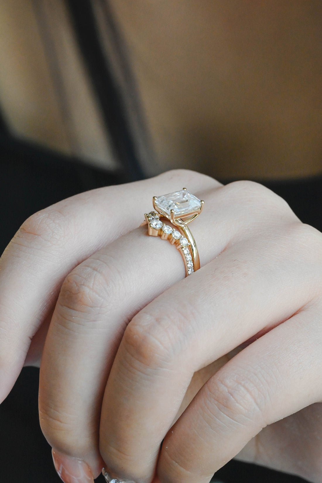 1ct 2ct 3ct Emerald Cut Moissanite Engagement Ring Set for Women, Moissanite Bridal Set, Round Curved Vintage Moissanite Band,Gold Ring Gift