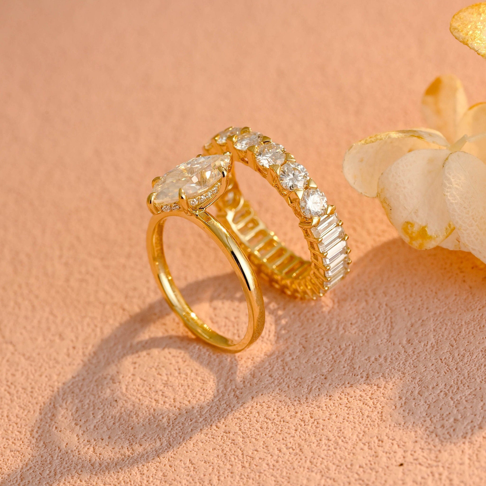 Marquise Moissanite Ring Set, Hidden Halo Moissanite Bridal Set, Two Sided Emerald Round Moissanite Wedding Band, Gold Ring Set,Gift for Her