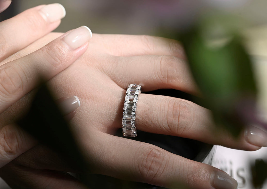 Round and Emerald Moissanite Full Eternity Two Stone Wedding Band