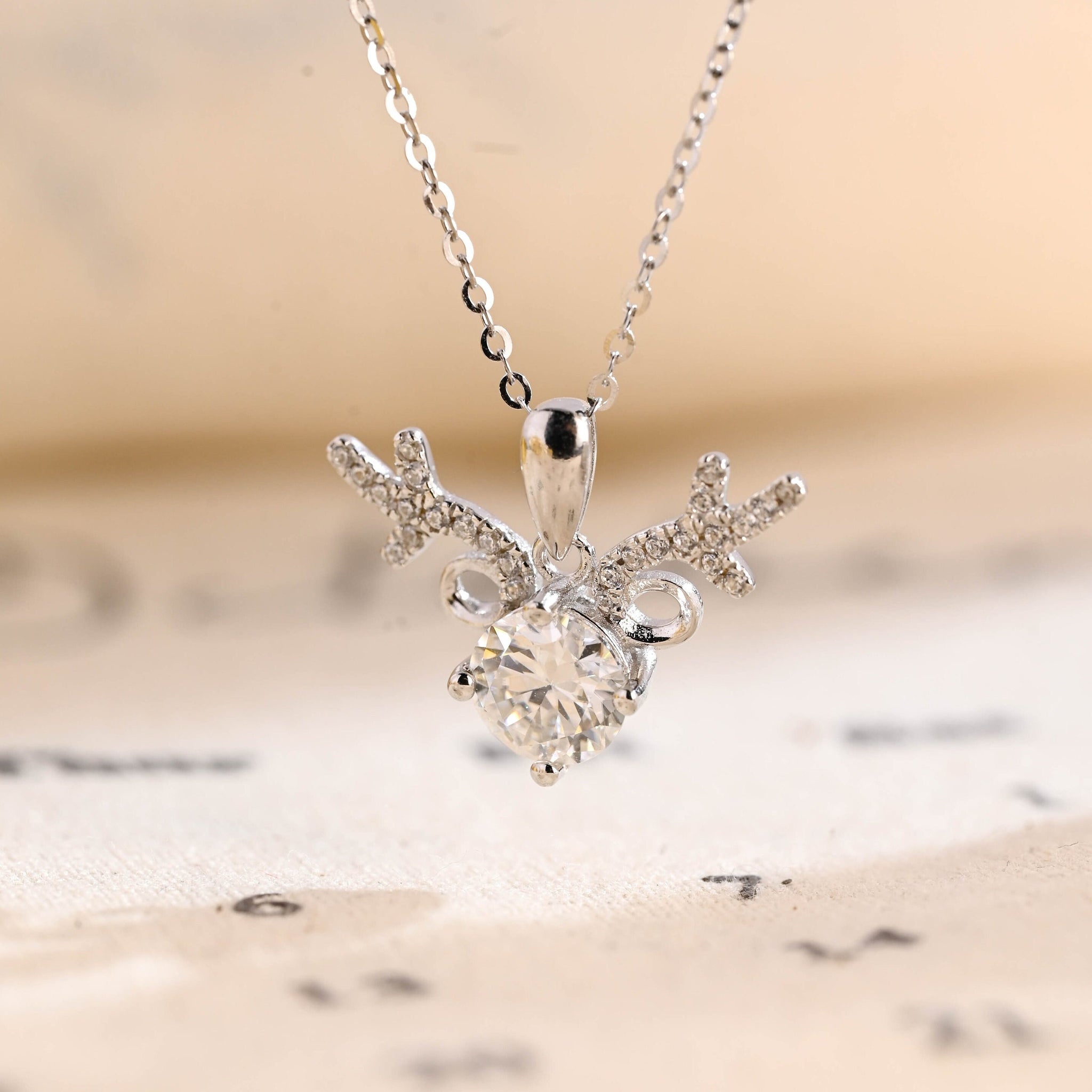 Round Cut Moissanite Reindeer Holiday Necklace for Christmas, Real Solid Gold Winter Wonderland Dear Pendant Necklace, Deer Horn Jewelry