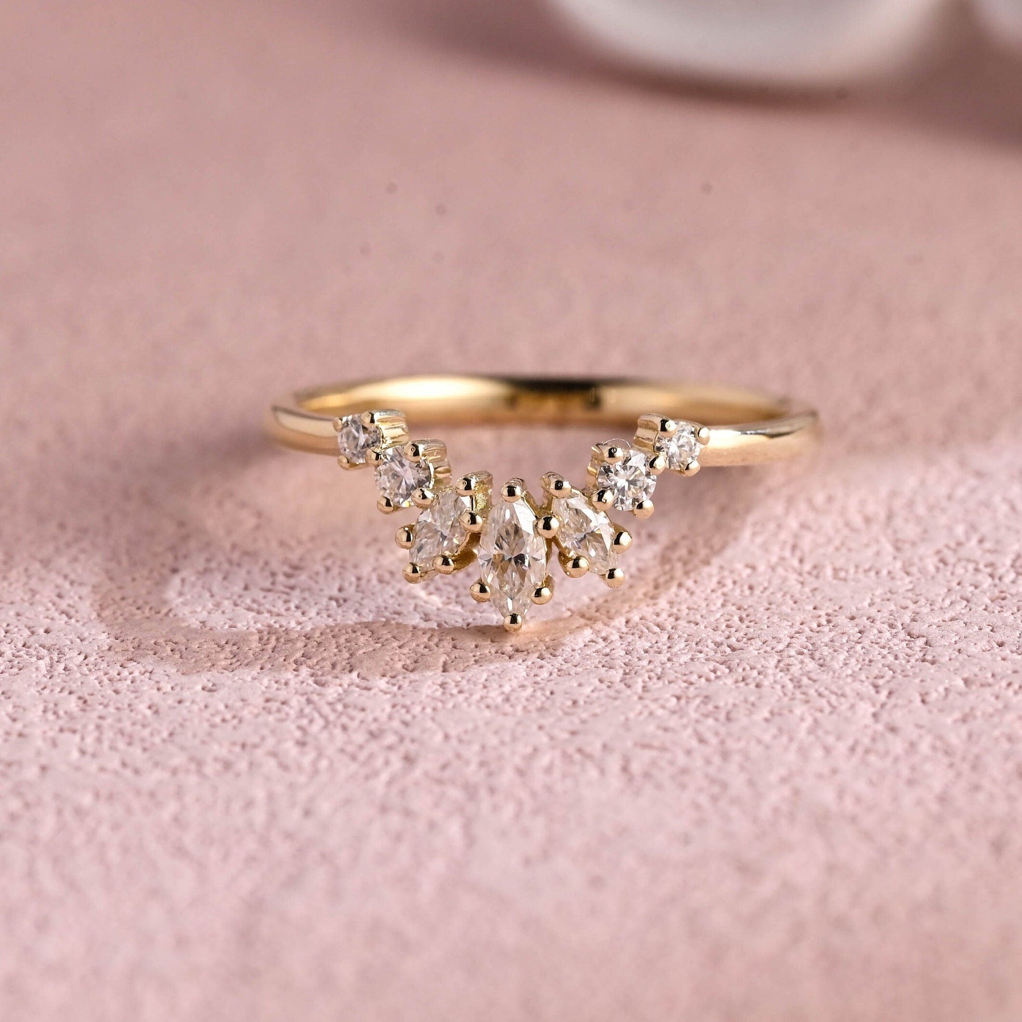 Curved Moissanite Wedding Band Vintage Marquise & Round Wedding Ring