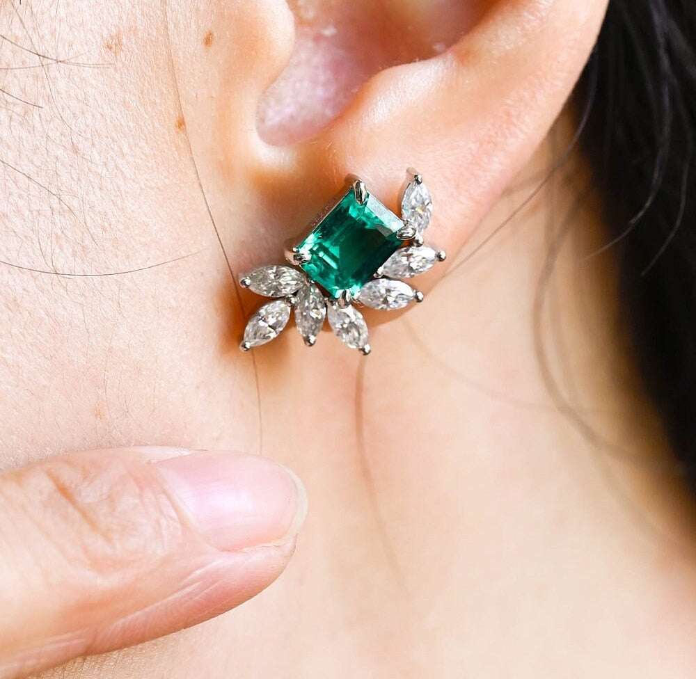 Emerald  Earrings Studs/2ct+2ct Classic 14K/18K White Gold Moissanite Engagement Handmade Minimalist Moissanite Vintage Earring