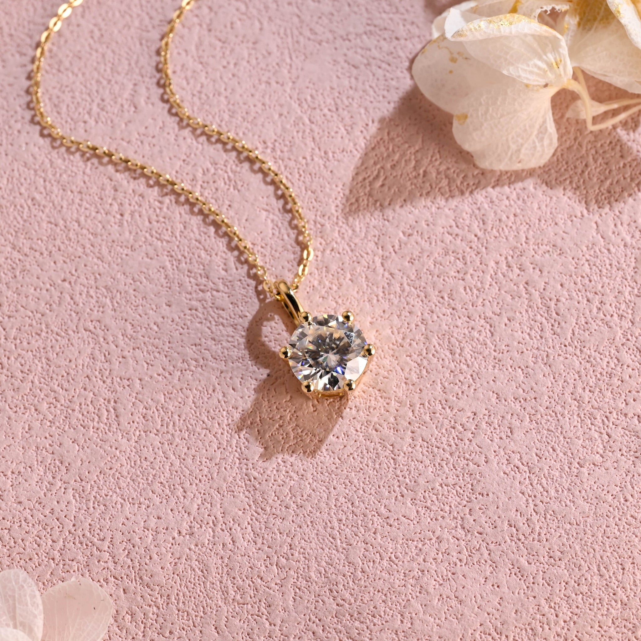 Brilliant Round Moissanite Pendant, Moissanite Necklace, Sold Gold Chain Pendant Necklace, Solitaire Necklace, Anniversary Gift for Women