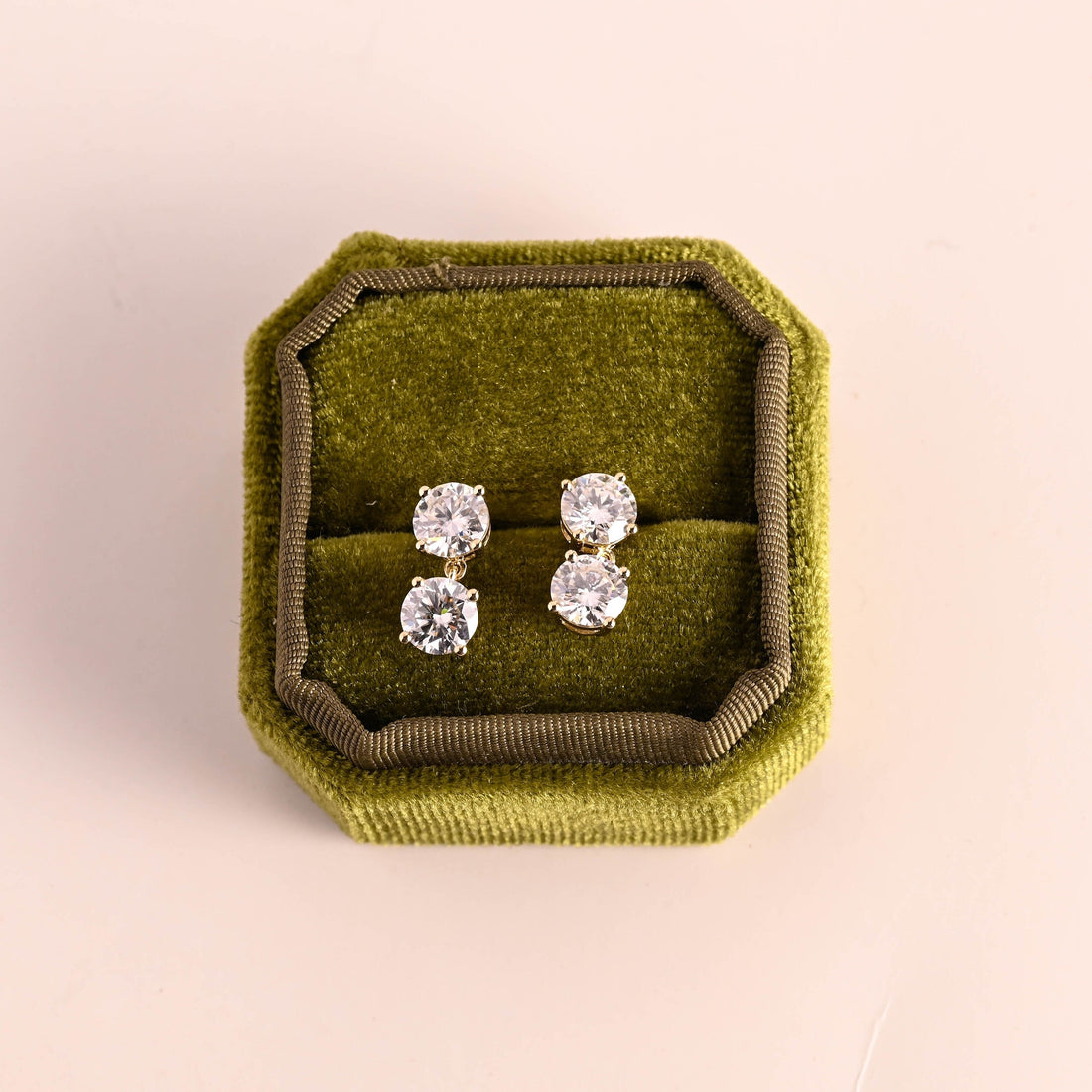 Double Round Moissanite Engagement Earring, Gold Dangle Earring Stud, Two Stone Round Moissanite Drop Earring, Anniversary Gift for Women